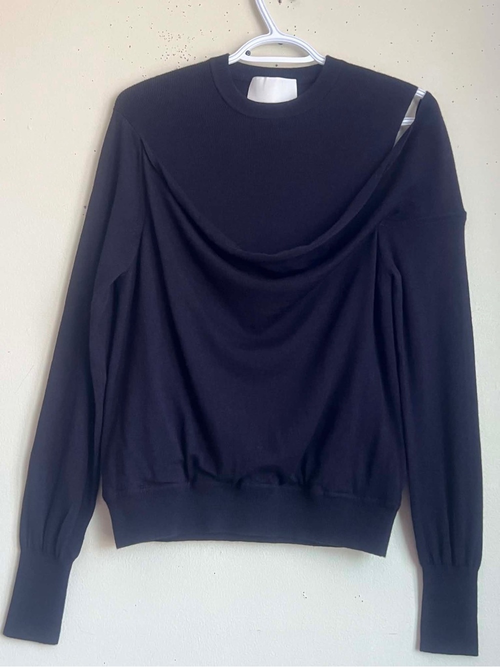 3.1 Phillip Lim Black Crewneck Sweater with Subtle Draped Front